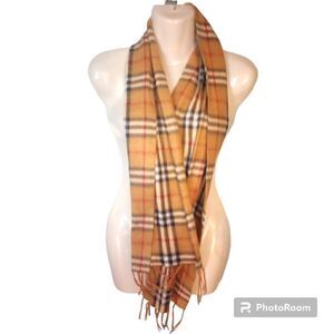 Rectangle fleece plaid scarf with light fringe